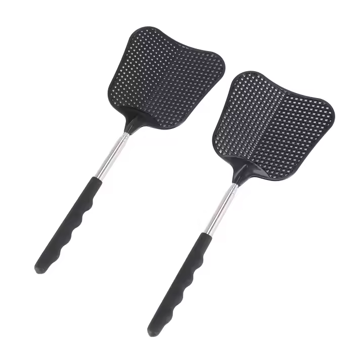 Matamoscas de plástico para matar mosquitos y moscas, varilla retráctil de acero inoxidable, adecuada para uso interior y exterior, paquete de 2 - 1