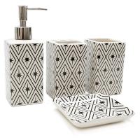 Set baño 4 piezas de Porcelana: Jabonera, Dispensador de Jabón líquido, Vaso y Porta Cepillos con caja de presentación, Estampado, Color Blanco y Negro, Kiglam - details 0