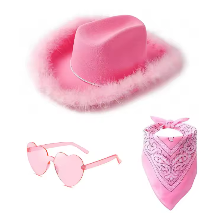 Sombrero de Vaquero para Mujer, Sombrero de Vaquera con Borde Plumas esponjas de Campo, Sombrero de Vaquera de Ala Ancha, Sombrero de Vaquera con Gafas de corazón, pañuelo, Fiesta de cumpleaños de Halloween - 1