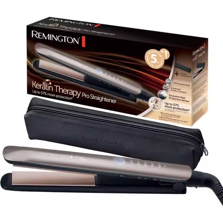 Plancha de Pelo Profesional Remington Keratin Therapy Pro, Queratina y Aceite Almendras, Placas Flotantes Extralargas, Cerámica, 5 Temperaturas hasta 230°C, Digital, S8593 - 1