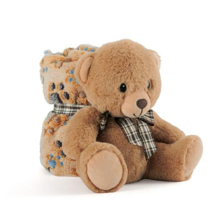 PERLETTI Manta Bebé Suave y Cálida con Osito de Peluche - Muselina para Niño y Niña 0 1 2 3 Años Colorida con Lazo - Doudou para Niños Niñas Marrón con Muñeco y Estampados - 120x80 cm (Oso)