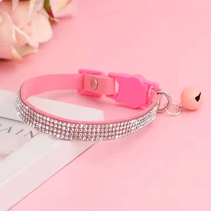 Collar De Gato De Cuero Suave Con Diamantes Bling Y Campana Seguridad Breakaway Ajustable Para Perros Y Gatos XS S Rosa - 1