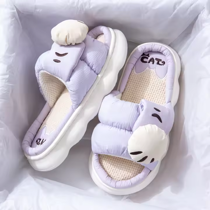 Zapatillas De Plataforma Casual Para Mujer Con Diseño De Gato De Dibujos Animados Zapatos De Lino Elegantes Para El Hogar Con Tobillero Abierto Y Tacón Bajo - 1