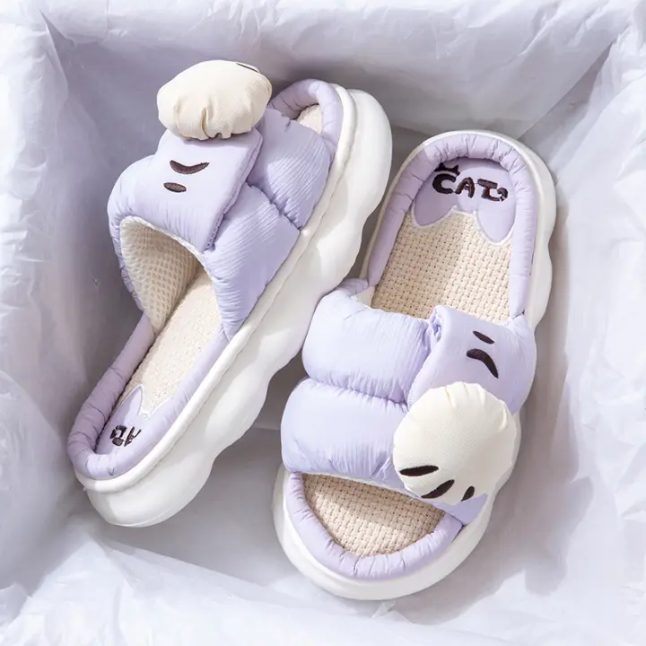 Zapatillas De Plataforma Casual Para Mujer Con Diseño De Gato De Dibujos Animados Zapatos De Lino Elegantes Para El Hogar Con Tobillero Abierto Y Tacón Bajo - 1