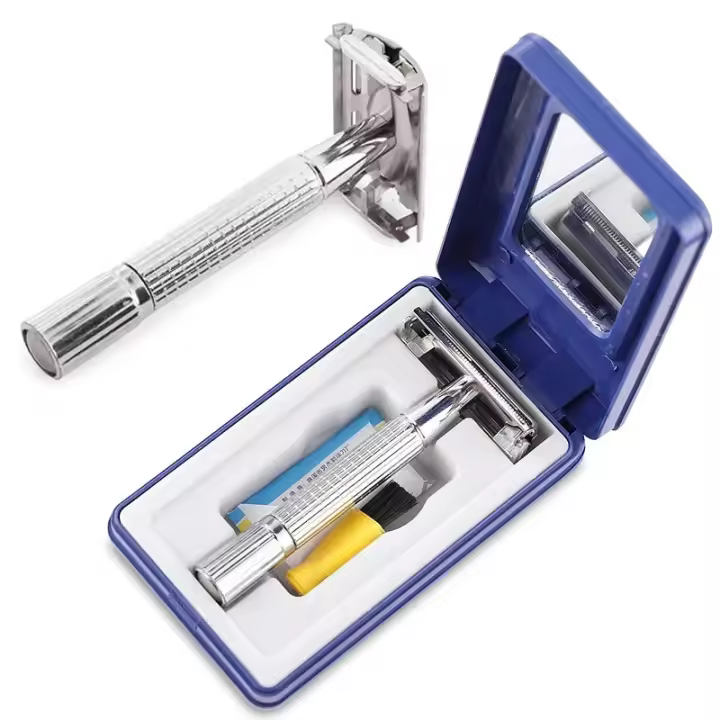 Juego de afeitar de pelo y Barba de Doble Filo, afeitar de Barba Clásica tradicional para hombre, máquina de afeitar de seguridad para accesorios de estilismo de peluquero - 1