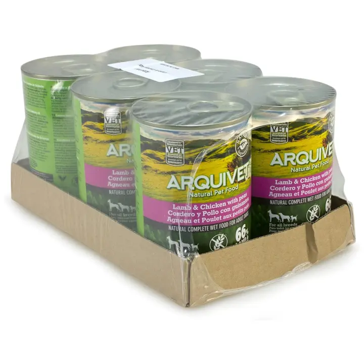 Lata Cordero y Pollo con guisantes y aceite de salmón - Pack 6 unidades x 400g - Alimento Húmedo completo para perros adultos de todas las razas - Sin Cereales - 92% Cordero y Pollo - Arquivet - 1