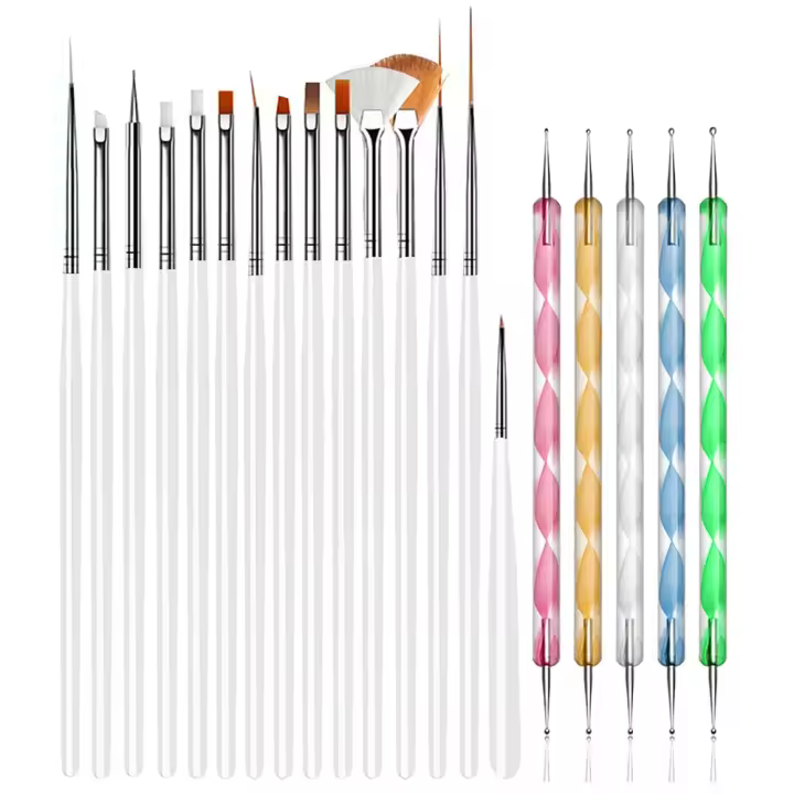 Juego de 20 herramientas para diseño de uñas, 15 pinceles para pintar y 5 rotuladores para puntear, color blanco... - 1