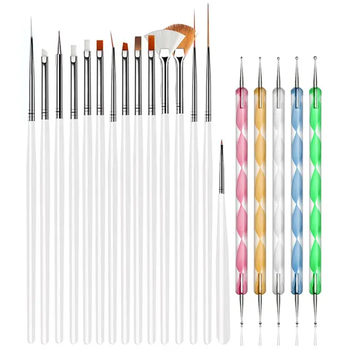 Juego de 20 herramientas para diseño de uñas, 15 pinceles para pintar y 5 rotuladores para puntear, color blanco... - 1