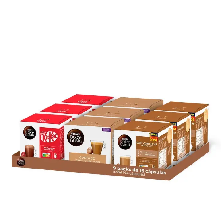 Dolce Gusto - Pack Especial Surtido 9 cajas (144 Cápsulas) | Contiene 3 cajas de Café con leche (48 cápsulas) + 3 cajas de Cortado (48 cápsulas) + 3 cajas de KITKAT (48 cápsulas) - 1