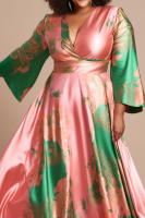 Vestido De Satén Para Mujer Talla Grande Color Bloque Rosa Elegante Con Manga Larga Estilo Flare Para Invitada De Boda Maxi Vacaciones - details 3