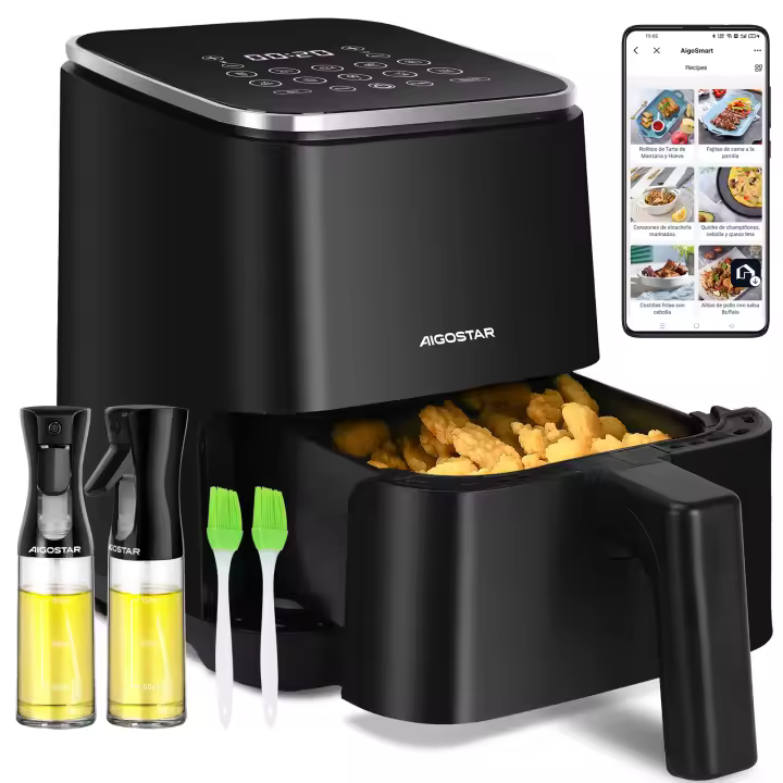 Combo Freidora de Aire 1200W 2L + 2 Pulverizadores de Aceite Spray,  8 Programas, Pantalla LED, Temperatura de 80-200℃, Temporizador de 60 Min, BPA-Free, AIGOSTAR - 1
