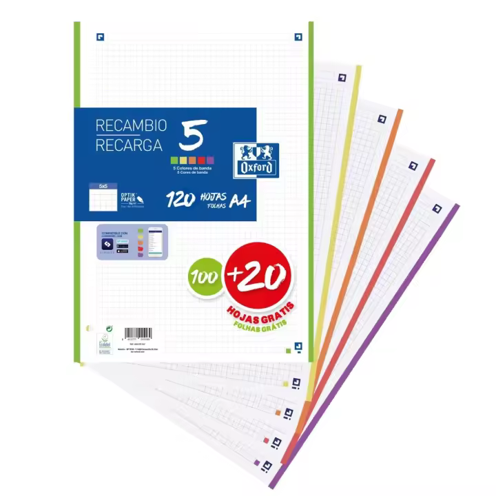 Recambio Oxford multicolor A4 100+20h - papel de 90g - 4 taladros cuadrícula 5x5 con 5 colores de banda vivos - 1