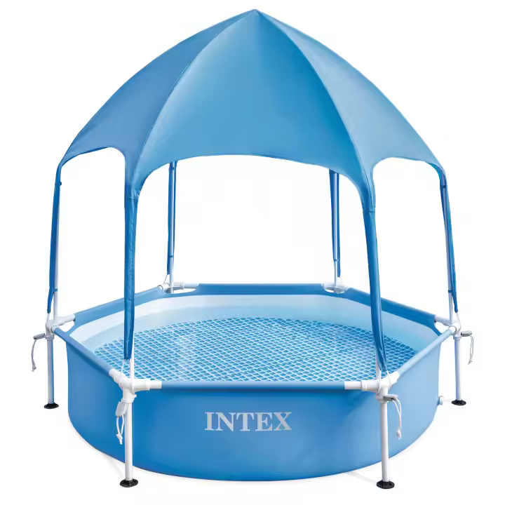 INTEX - Piscina desmontable hexagonal, Metal Frame, Ø183x38 cm, 700 l, 10 min montaje, incluye toldo desmontable UPF 50+ con spray de agua, depuradora, cobertor, tapiz, escalera, a partir de 3 años - 1
