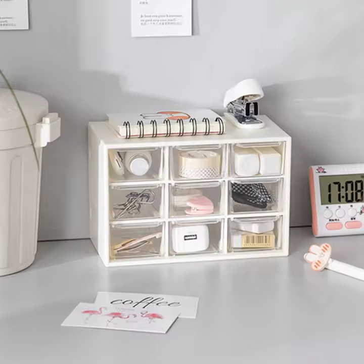Caja De Almacenamiento Para Joyería Y Suministros De Escritorio Con 9 Compartimentos Pequeño Y Transparente Para Dormitorio Estudiante - 1