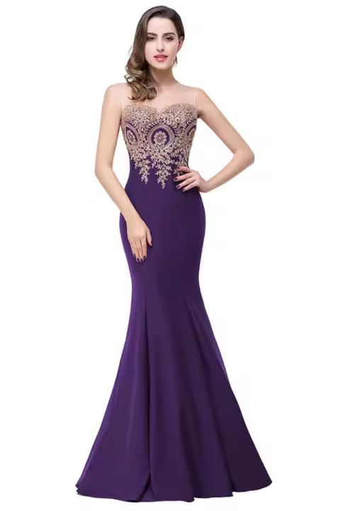 Vestido De Noche Elegante De Sirena Para Mujer Azul Rojo Con Aplicaciones Doradas Lace Sweetheart Illusion Vestido De Boda Fiesta Prom Robe De Soiree - 1