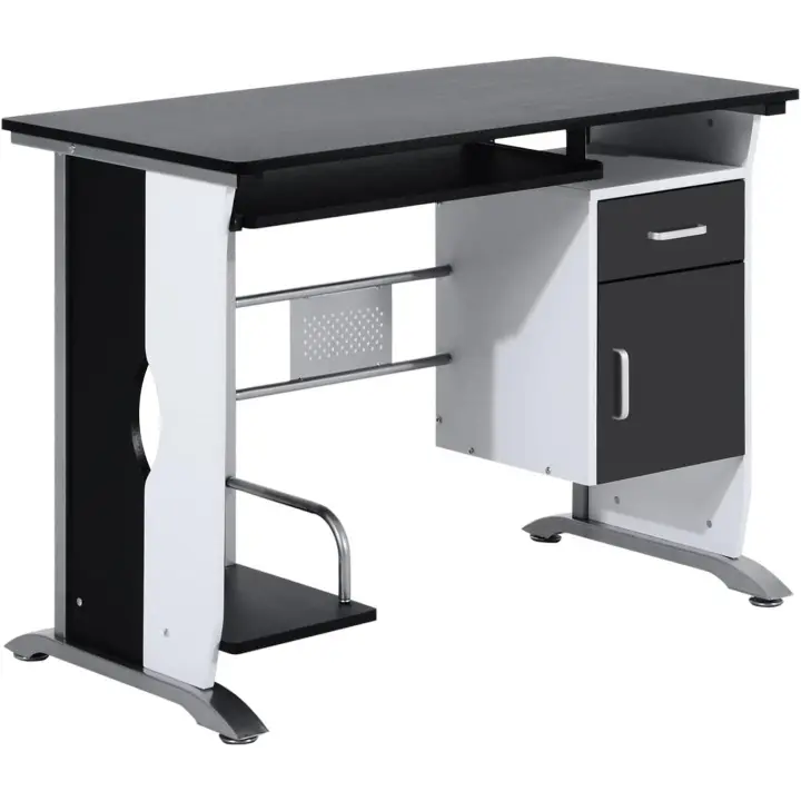 Mesa de Ordenador 100x52x75cm Escritorio de Oficina Mesa de PC Mesa con Armario y Teclado para Hogar Escuela y Oficina Mobiliario Negro y Plata - 1