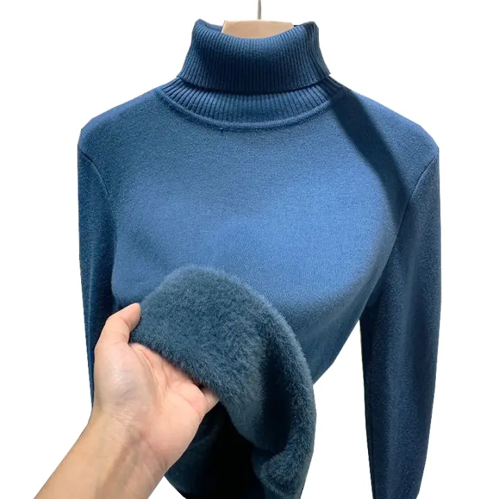 Suéter De Cuello Alto Para Mujer Invierno 2025 Retro Grueso Con Lining De Veludo Caliente Suéter De Piel Termo Confortable Casual Sin Cierre Estilo Holgado - 1