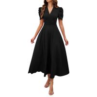 Vestido Elegante De Fiesta Para Mujer Cintura Alta A-Line De Color Sólido Con Manga Corta Estilo Francés Vestido De Cintura Cinchada Temperamento - details 7