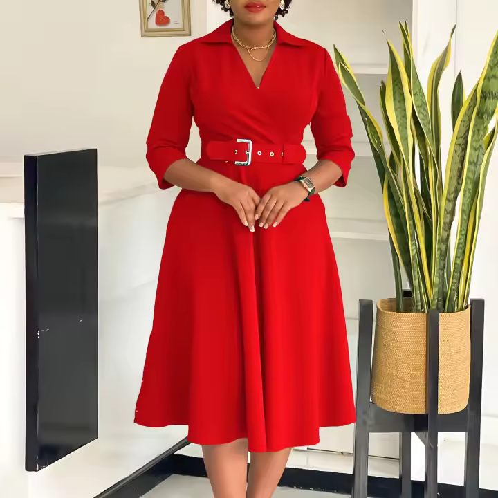 Vestido Elegante Para Oficina Para Mujer Cuello Redondo V Cintura Ajustada Pleated Midi Formal Business Work Dress OL - 1