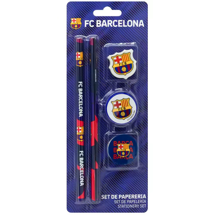 Set de Papelería del  FC Barcelona Incluye 2 Lápices, 1 Sacapuntas, 2 Gomas de Borrar con el Escudo del Club Barça Barça Barça Material Escolar  Producto Oficial - 1