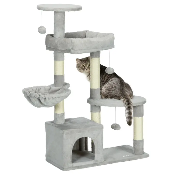 PawHut Árbol para gatos, árbol para escalar, poste rascador para gatos, altura 104 cm, centro de actividades de varios niveles, columnas reforzadas, 3 bolas colgantes, gris claro - 1