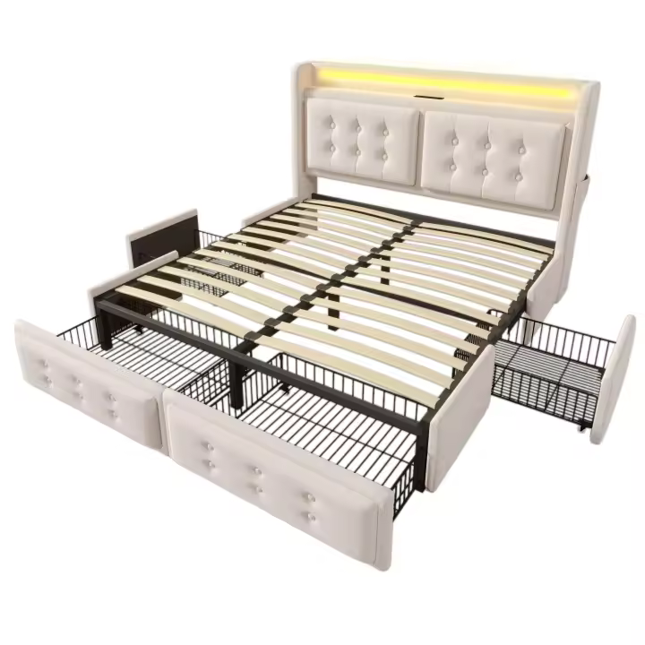Cama tapizada 160x200, Cama Doble with Cabeza LED y Carga USB C Y 4, Cama de almacenamiento with base de listones de madera y estructura metálica, capacidad de carga 300 kg, algodón (colchón no incluido) - 1