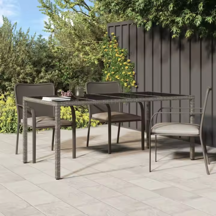 Mesa de Jardín gris 190x90x75 cm Vidrio Templado Polyrattan - 1