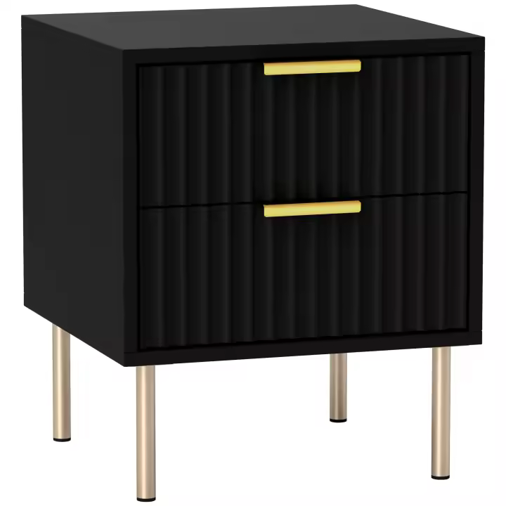 HOMCOM Mesilla de noche, mesita de noche acanalada con 2 cajones y patas de acero, mesa auxiliar para dormitorio, salón, dim. 40 x 39 x 48 cm, color negro - 1