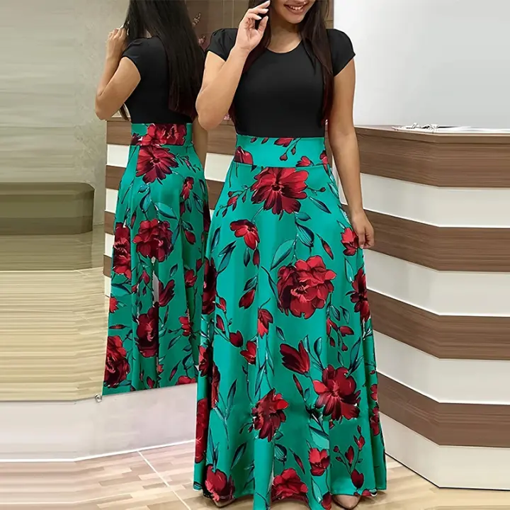 Vestido Largo De Maxi Con Cuello Redondo Y Manga Corta Elegante Vestido De Mujer Con Cintura Ajustada Y Estampado Splicing - 1