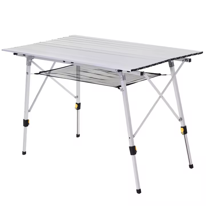 Outsunny Mesa de Picnic Plegable Altura Regulable con Estante de Malla Espacio para 4 Personas Estructura Estable de Aluminio con Bolsa de transporte 120x70x58-73 cm Plateado - 1