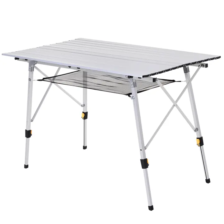 Outsunny Mesa de Picnic Plegable Altura Regulable con Estante de Malla Espacio para 4 Personas Estructura Estable de Aluminio con Bolsa de transporte 120x70x58-73 cm Plateado - 1