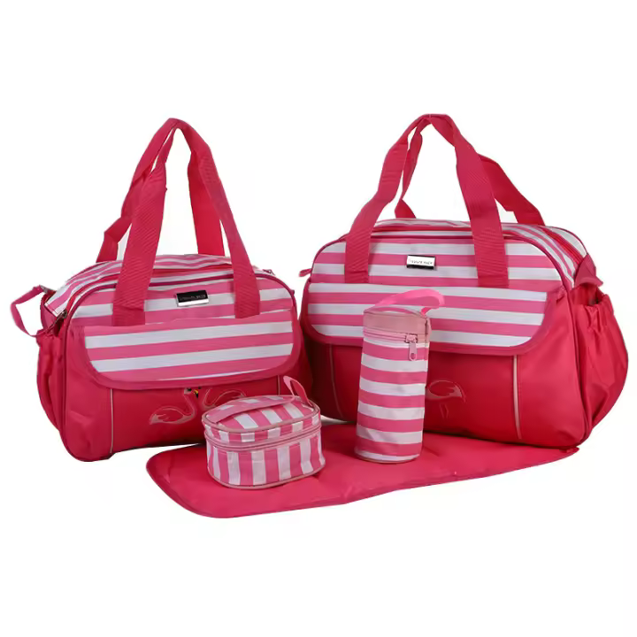 Nuevo bolso de mamá a rayas de moda, conjunto de cinco piezas, tela con flores, impermeable, multifuncional, de gran capacidad, para salidas de mamá - 1