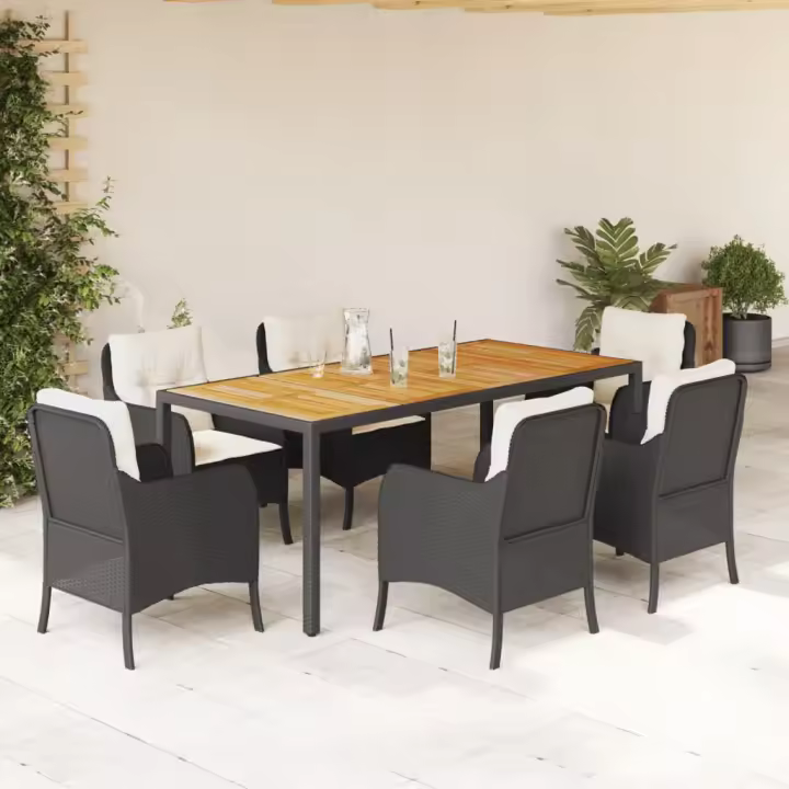 vidaXL Set de comedor de jardín 7 pzas y cojines ratán sintético negro - 1