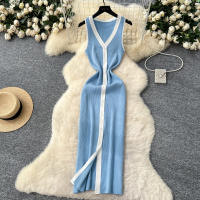 Vestido Largo Sin Mangas De Verano Para Mujer REALEFT V-neck Cintura Imperio Slim Alineado Hasta La Cintura De Poliéster - details 1