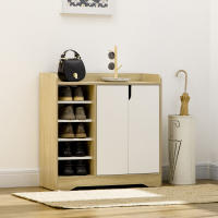 HOMCOM Mueble Zapatero Moderno Zapatero Estrecho con 2 Puertas Estantes de Almacenamiento para 13 Pares de Zapatos para Entrada Pasillo 80x30x80 cm Natural y Blanco - details 1