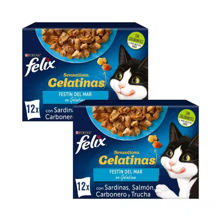 FELIX - Sensations Gelatina (24x85 gr) - Comida Húmeda Festín del Mar (Sardinas, Salmón, Carbonero y Trucha) (2 Cajas de 12x85 gr) - 1