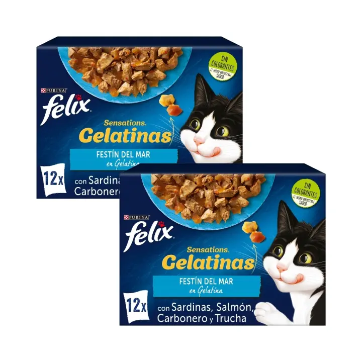 FELIX - Sensations Gelatina (24x85 gr) - Comida Húmeda Festín del Mar (Sardinas, Salmón, Carbonero y Trucha) (2 Cajas de 12x85 gr) - 1
