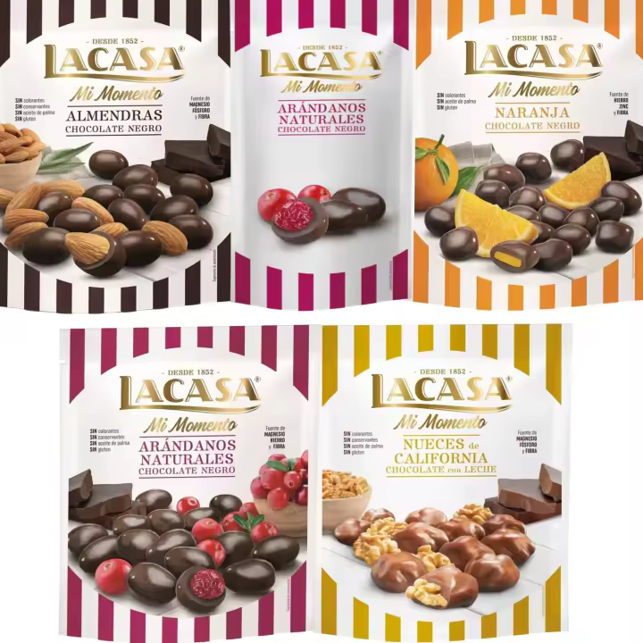 Lacasa Mi Momento pack de 5:Arándano choco Negro 60G,Arándano choco Negro 125G,Nueces Leche 115G,Almendra choco Negro 125G,Naranja choco Negro 125G - 1