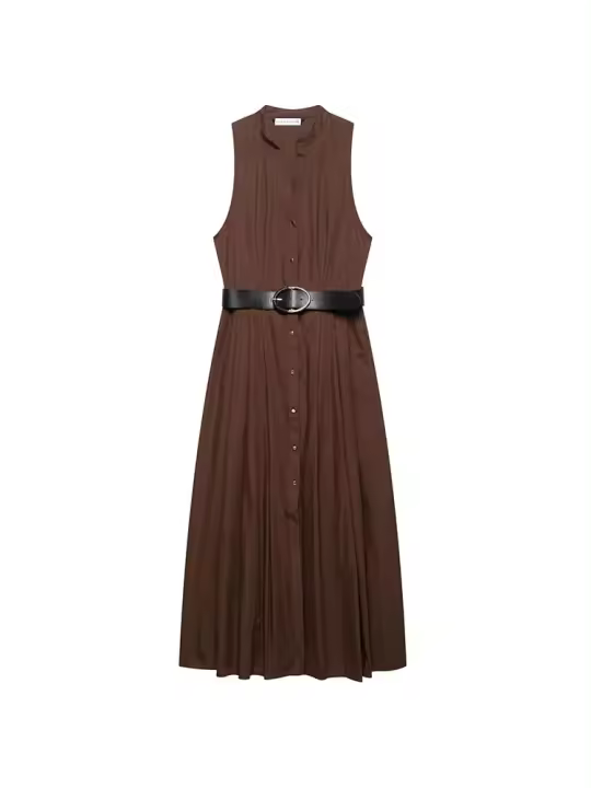 Vestido Midi Elegante De Verano Para Mujer Con Cuello En V Y Cinturón Estilo Vintage Sin Mangas Traje De Poliéster A-Line - 1