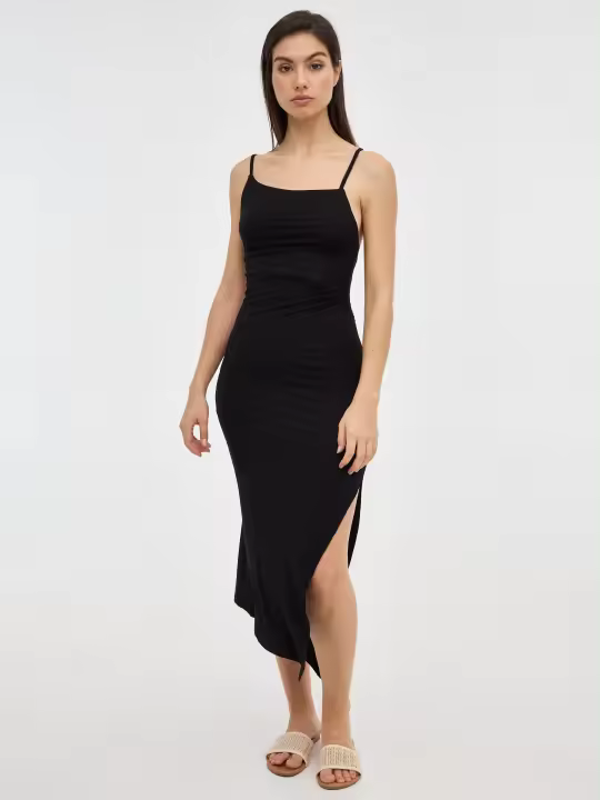 Vestido midi negro de tirantes con cuello asimétrico con abertura en la pierna INSIDE - 1