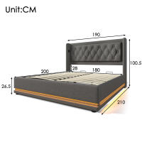 Cama Doble Tapizada 180x200 cm con Base Hidráulica de Almacenamiento - Material Algodón Gris, Cabeza Tapizada with Carga USB Typo-C y Función LED en 3 Lados (Colchón no Incluido) - details 6