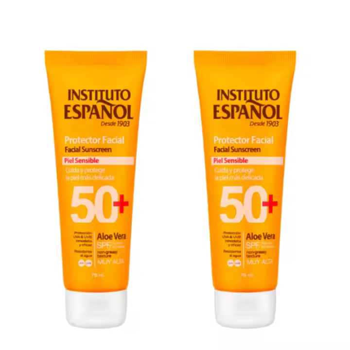 Pack de 2 Protectores Faciales Instituto Español Aloe Vera SPF 50+ | Especial Piel Sensible | Textura No Grasa, Resistente al Agua y Rápida Absorción | 2x75 ml【ROUA】 - 1