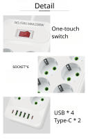 2m-Regleta De Enchufes Con 6 Tomas De Corriente Para Europa Con Interruptor, Enchufes De CA Y 4 Puertos De Carga Rápida USB Y 2 Tipo-C PD, 2500W/10A,La Oficina, El Dormitorio Y La Sala De Juegos, Protector Contra Sobretensiones - details 5