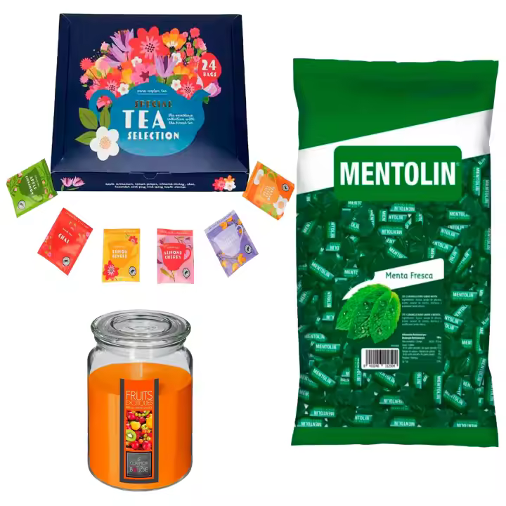 Pack relax: MENTOLIN MENTA FRESCA BOLSA 1KG + Vela Perfumada de Frutas Exóticas 510g  + Set de Te con 24 bolsitas con diferentes sabores y aromas - 1