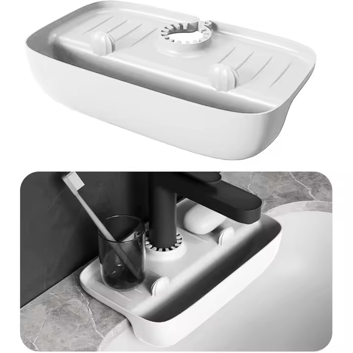 Estante para fregadero con grifo, de silicona, para cocina, con orificio de drenaje multifuncional y diseño inclinado, ideal para guardar artículos de aseo (blanco) - 1