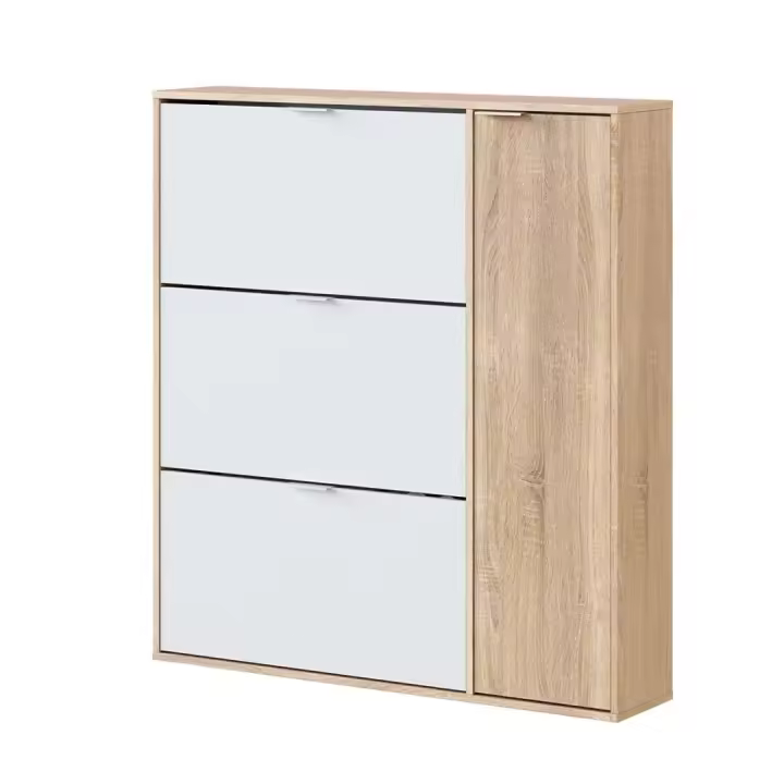Meimon Zapatero blanco modelo Class gran capacidad de almacenamiento, Medidas: 115 cm alto x 106 cm ancho x 22 cm profundidad, Espacio para almacenar entre 24 y 30 pares de zapatos, color  roble canadiense con detalles en blanco - 1