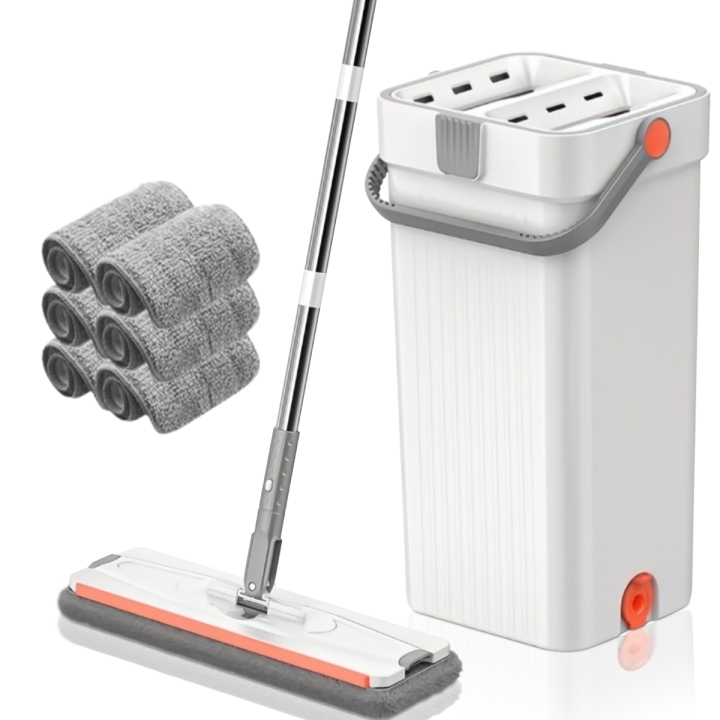 Mopa Fregona con Cubo Escurridor Mopas de Limpieza Suelos Mopa para Limpiar Azulejos y Paredes Hogar Mop Trapeadora Fregona Auto escurrible Plana con 6 Almohadillas Microfibra Parquet Ventanas Mágica con Gamuzas Rotativa Giro 360 PALO EXTRA LARGO