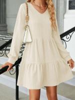 Vestido Largo Suelto Para Mujer Con Manga Larga Y Costuras En Color Sólido Moda Europea Y Americana Para Otoño E Invierno Cuello V Estilo Casual - details 4