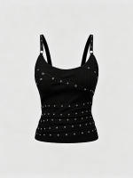 Chaleco Sin Mangas De Estilo Punk Negro Con Decoración De Clavos Para Mujeres Verano Top Casual De Polyester Y Elastano - details 1