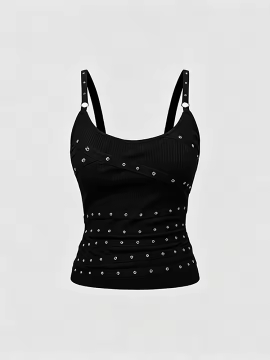 Chaleco Sin Mangas De Estilo Punk Negro Con Decoración De Clavos Para Mujeres Verano Top Casual De Polyester Y Elastano - 1